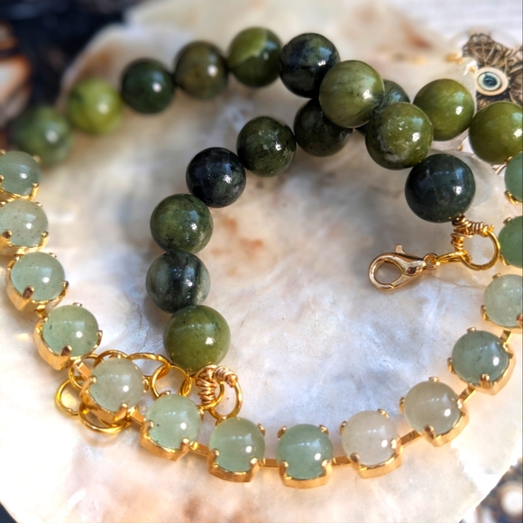 Natural Genuine Green Jade Necklace in 14K Yellow Gold Plated - Picture 6 of 7